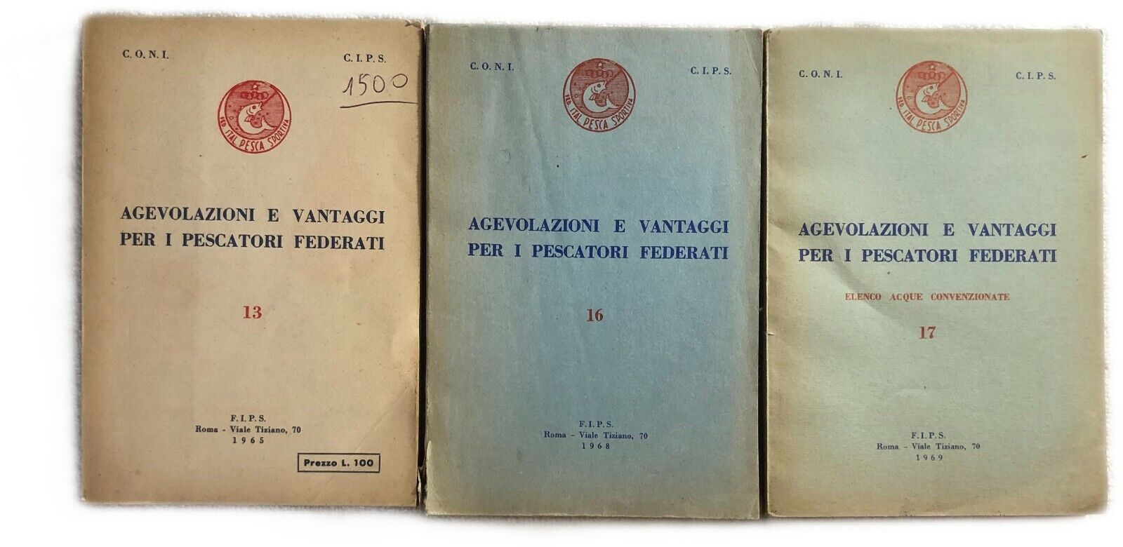 Agevolazioni e vantaggi per i pescatori federati 13-16-17 di Coni,  1965,  Fips
